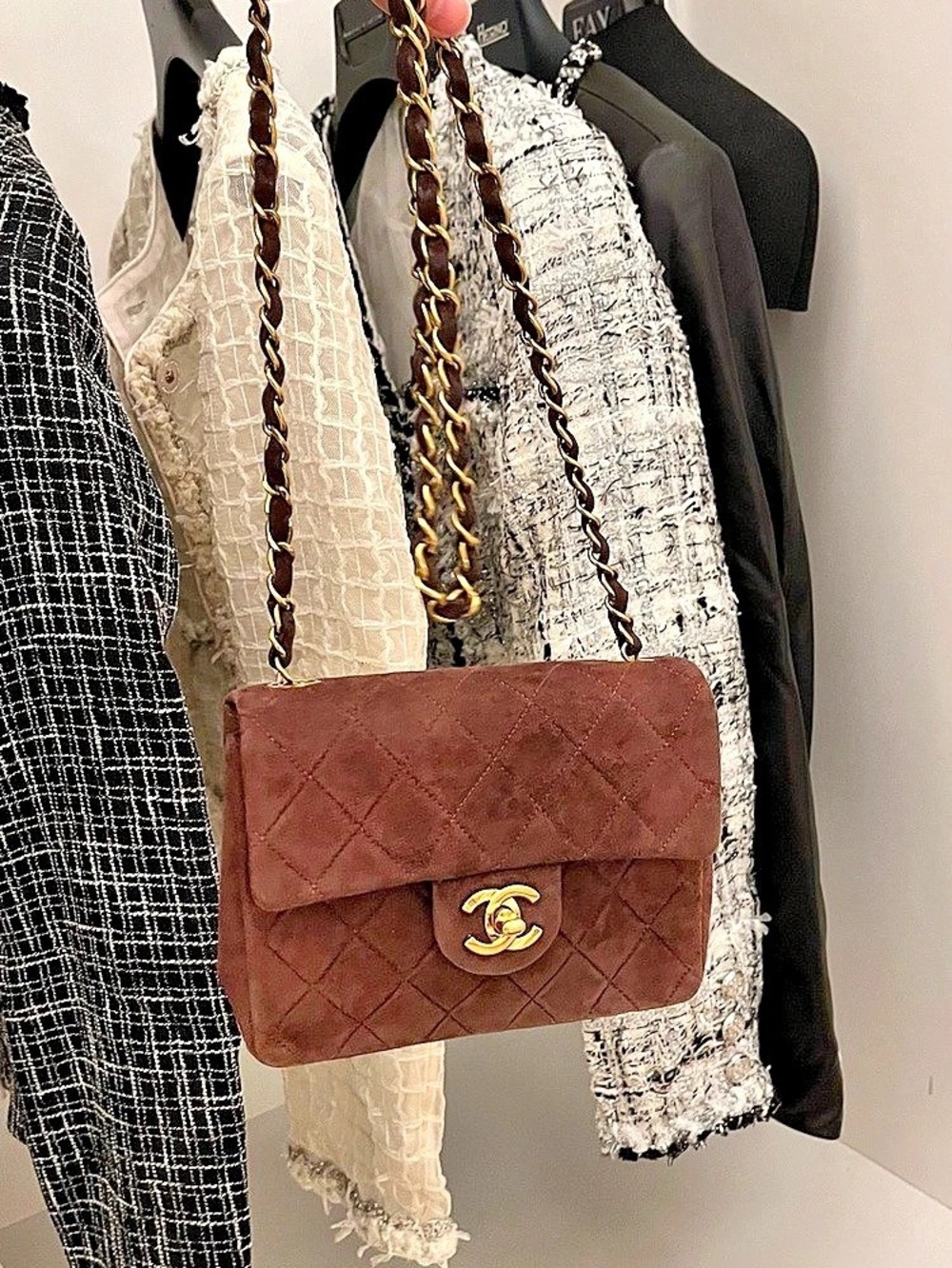 CHANEL 90s Vintage Brown Suede Quilted Mini Square Flap Bag – Rare 24K Gold Hard